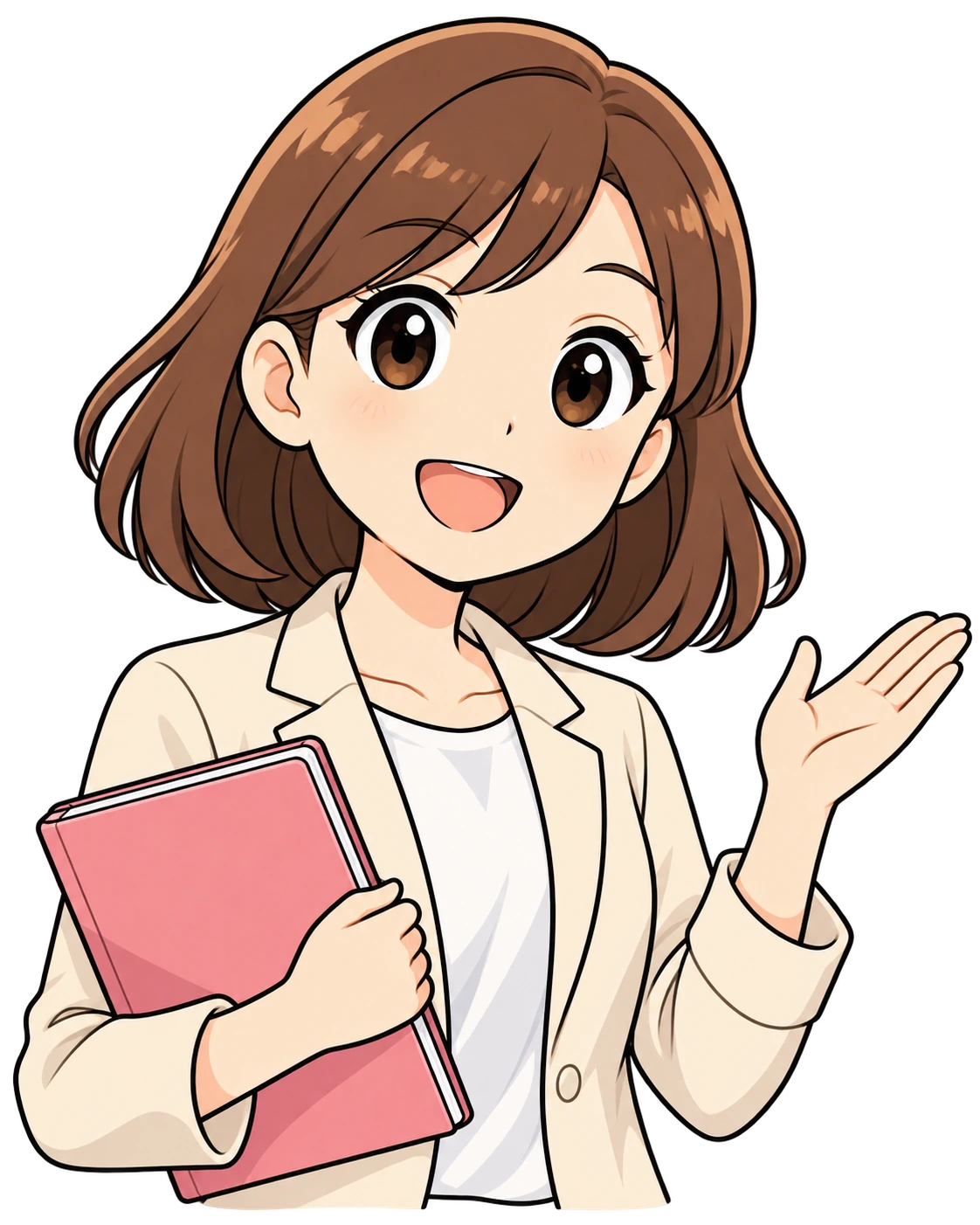 案内役のたから まどか。本を抱えて手で案内しているイラスト