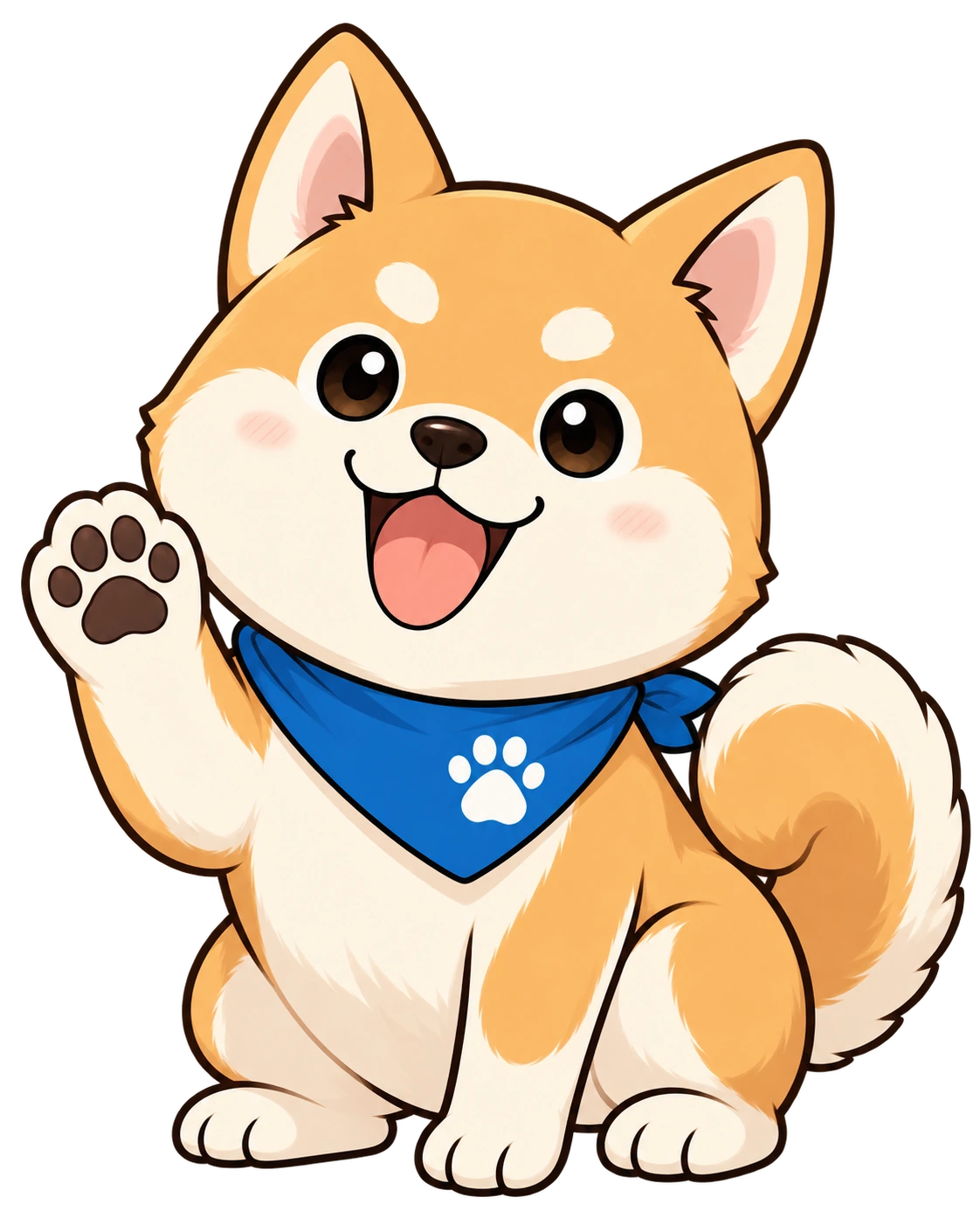 まどかの相棒、柴犬のたからワン。青いバンダナを着けて前足を上げているイラスト